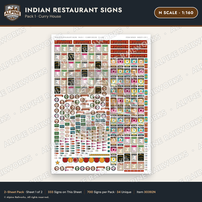 Alpine Railworks 30392N N Scale Indian Restaurant Signs - Curry House
