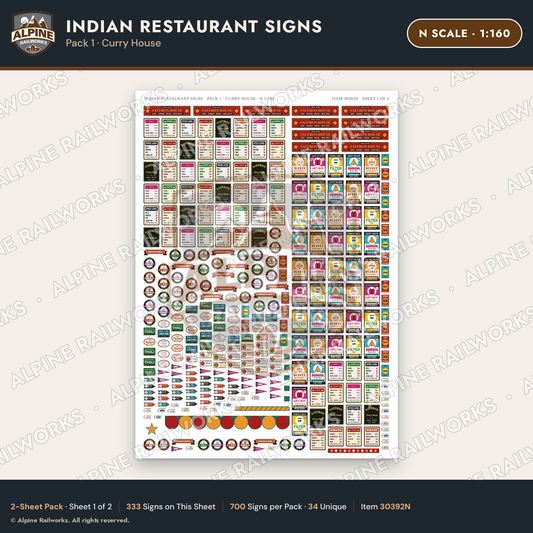 Alpine Railworks 30392N N Scale Indian Restaurant Signs - Curry House