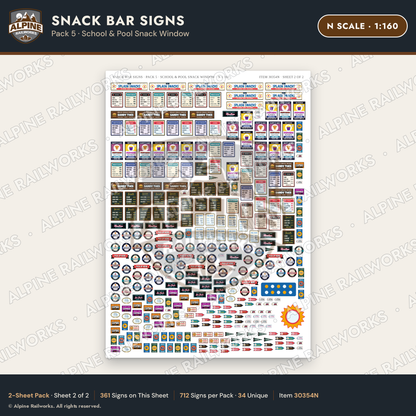 Alpine Railworks 30354N N Scale Snack Bar Signs - School