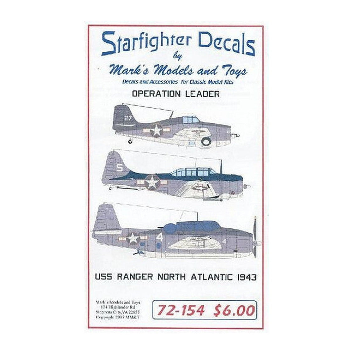 starfighter decals 72154 1 72 operation leader uss ranger 1943
