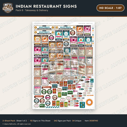 Alpine Railworks 30397HO HO Scale Indian Restaurant Signs - Takeaway