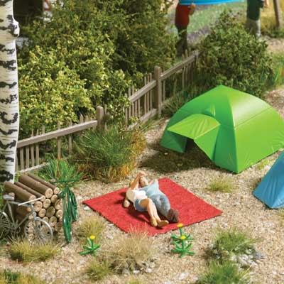 Busch 79820 HO Scale Romantic Camping - Action Set -- Tent, 2 Figures, 2 Bicycle