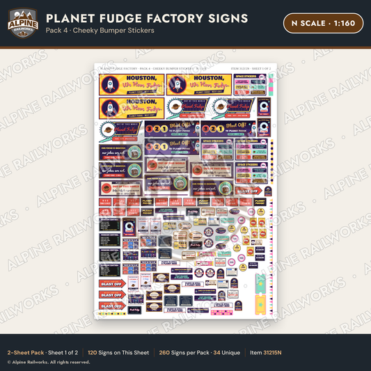 Alpine Railworks 31215N N Scale Fudge Factory Signs - Bumper Stickers
