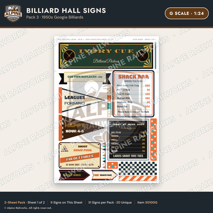 Alpine Railworks 30100G G Scale Billiard Hall Signs - Googie Billiards