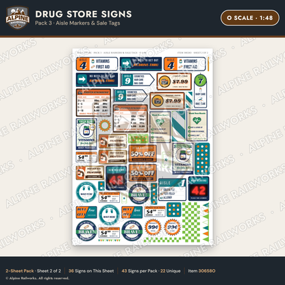 Alpine Railworks 30658O O Scale Drug Store Signs - Aisle Markers