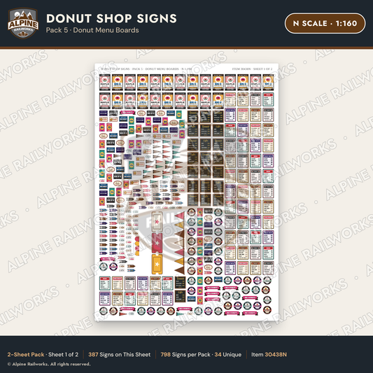 Alpine Railworks 30438N N Scale Donut Shop Signs - Donut Menu Boards