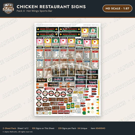 Alpine Railworks 30455HO HO Scale Chicken Restaurant Signs