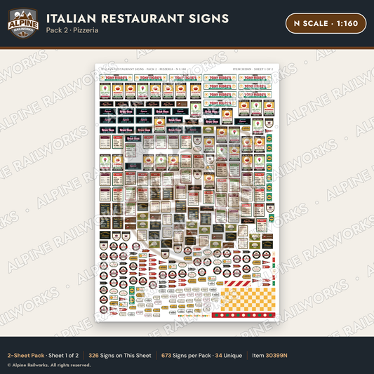 Alpine Railworks 30399N N Scale Italian Restaurant Signs - Pizzeria