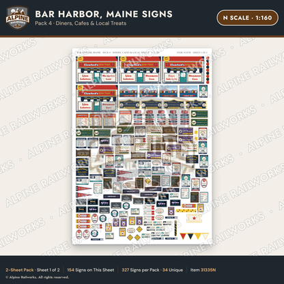 Alpine Railworks 31335N N Scale Bar Harbor ME Signs - Diners & Cafes