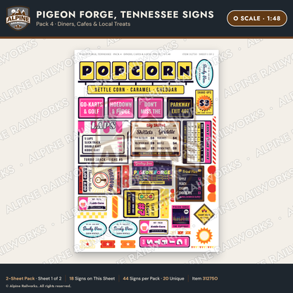 Alpine Railworks 31275O O Scale Pigeon Forge TN Signs - Diners & Cafes