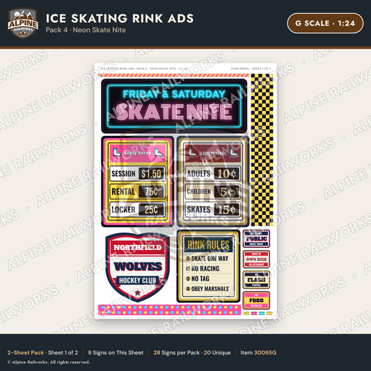Alpine Railworks 30065G G Scale Ice Skating Rink Ads - Neon Skate Nite