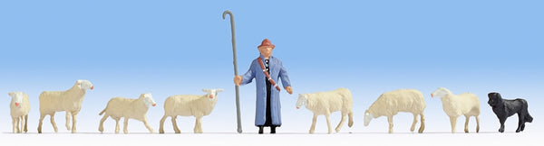 Noch 15748 HO Scale Sheep and Shepherd -- 1 Shepherd, 1 Dog, 7 Sheep