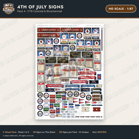Alpine Railworks 30371HO HO Scale 4th of July Signs - 1776 Colonial