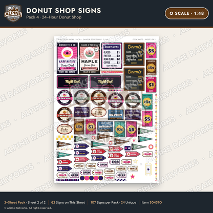 Alpine Railworks 30437O O Scale Donut Shop Signs - 24-Hour Donut Shop