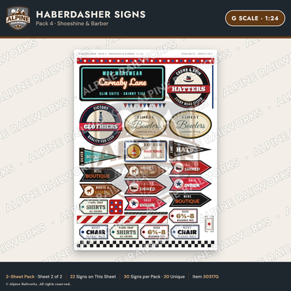 Alpine Railworks 30317G G Scale Haberdasher Signs - Shoeshine & Barber