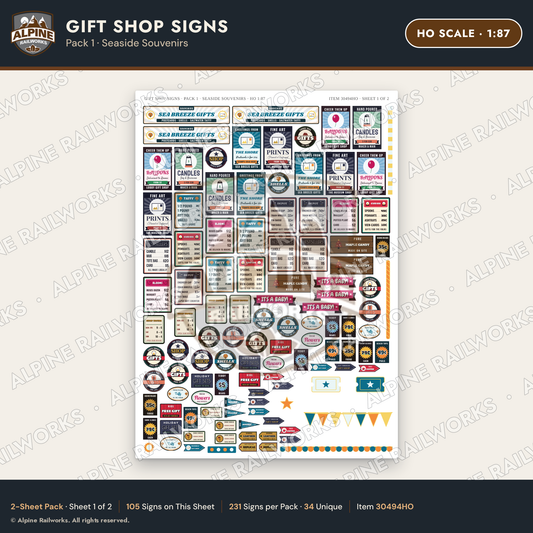 Alpine Railworks 30494HO HO Scale Gift Shop Signs - Seaside Souvenirs