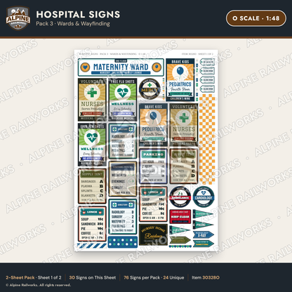 Alpine Railworks 30328O O Scale Hospital Signs - Wards & Wayfinding