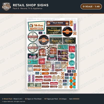 Alpine Railworks 30043O O Scale Retail Shop Signs - Record & TV