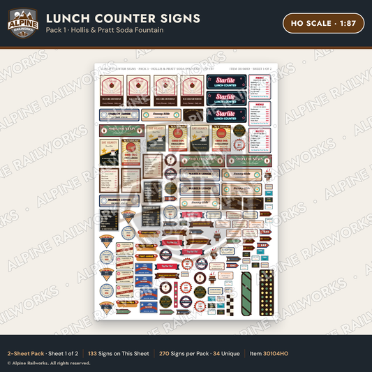 Alpine Railworks 30104HO HO Scale Lunch Counter Signs - Hollis