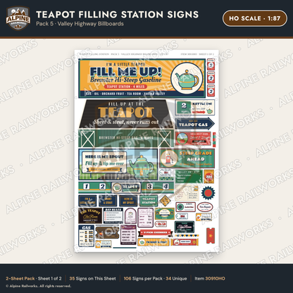 Alpine Railworks 30910HO HO Scale Roadside Signs - Teapot Gas Station