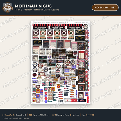 Alpine Railworks 30163HO HO Scale Mothman Signs - Modern Mothman Cafe