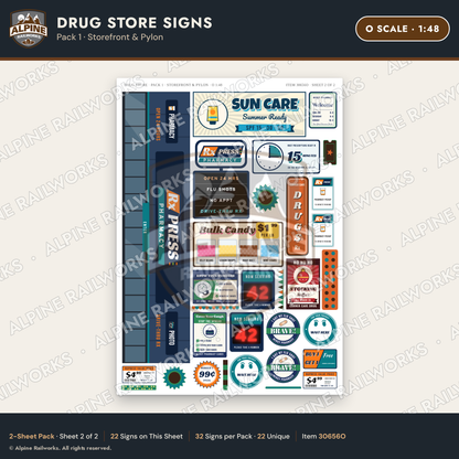 Alpine Railworks 30656O O Scale Drug Store Signs - Storefront & Pylon