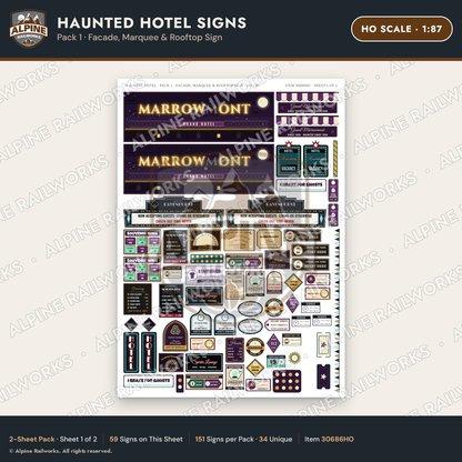 Alpine Railworks 30686HO HO Scale Haunted Hotel Signs - Facade