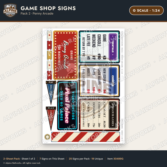 Alpine Railworks 30489G G Scale Game Shop Signs - Penny Arcade