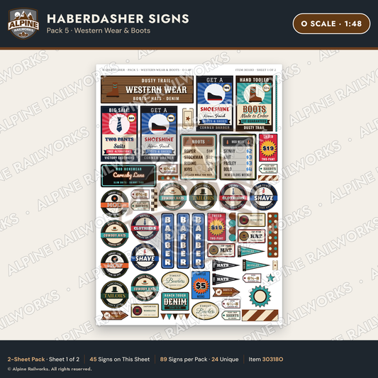 Alpine Railworks 30318O O Scale Haberdasher Signs - Western Wear