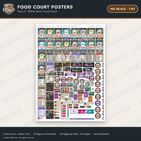 Alpine Railworks 30204HO HO Scale Food Court Posters - Neon Food Court