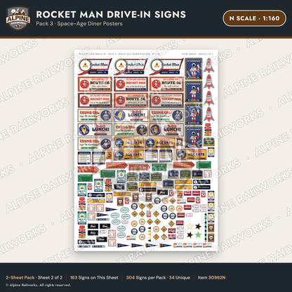 Alpine Railworks 30962N N Scale Roadside Signs - Spaceman Drive-In