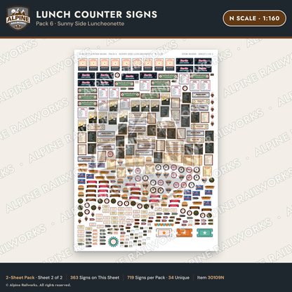 Alpine Railworks 30109N N Scale Lunch Counter Signs