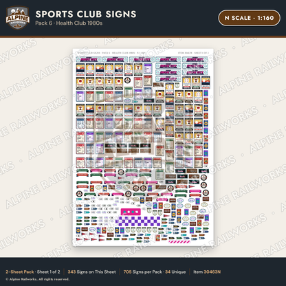 Alpine Railworks 30463N N Scale Sports Club Signs - Health Club 1980s