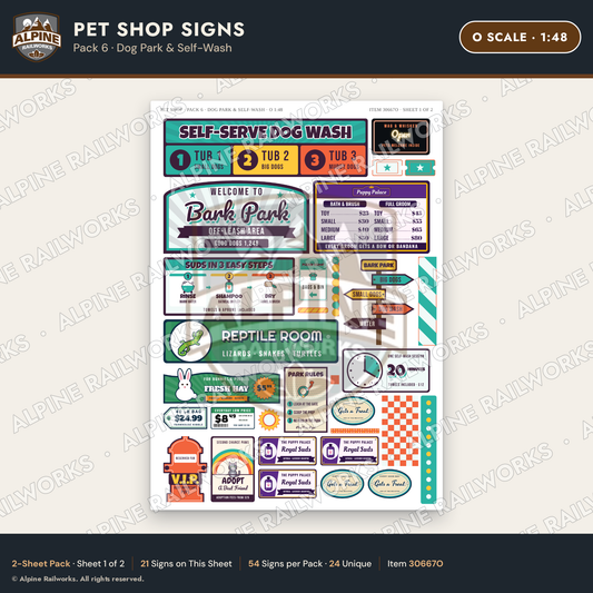 Alpine Railworks 30667O O Scale Pet Shop Signs - Dog Park & Self-Wash