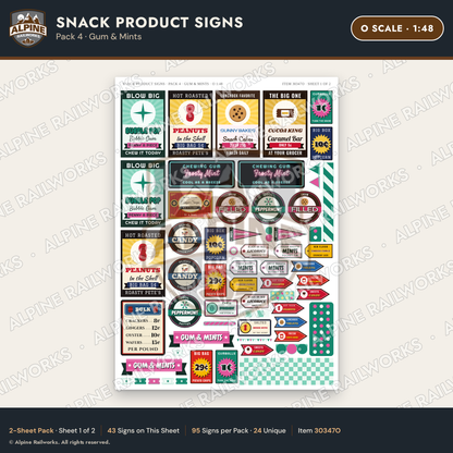 Alpine Railworks 30347O O Scale Snack Product Signs - Gum & Mints