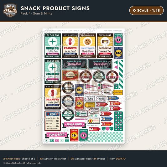 Alpine Railworks 30347O O Scale Snack Product Signs - Gum & Mints