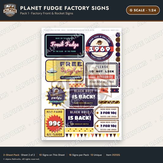 Alpine Railworks 31212G G Scale Fudge Factory Signs - Factory Front