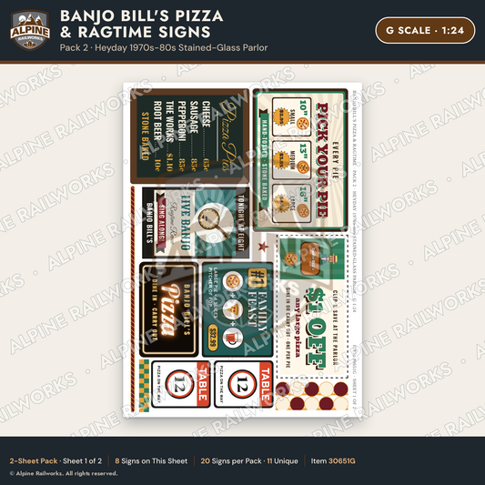 Alpine Railworks 30651G G Scale Restaurant Signs - Pizza & Music Hall