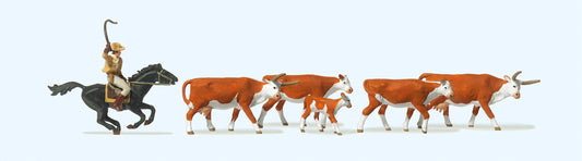 Preiser 10159 HO Riding Cowboy & 5 Longhorn Cattle Set