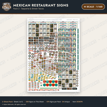 Alpine Railworks 30387N N Scale Mexican Restaurant Signs - Taqueria