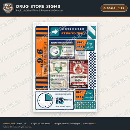 Alpine Railworks 30657G G Scale Drug Store Signs - Drive-Thru