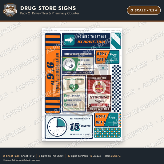 Alpine Railworks 30657G G Scale Drug Store Signs - Drive-Thru