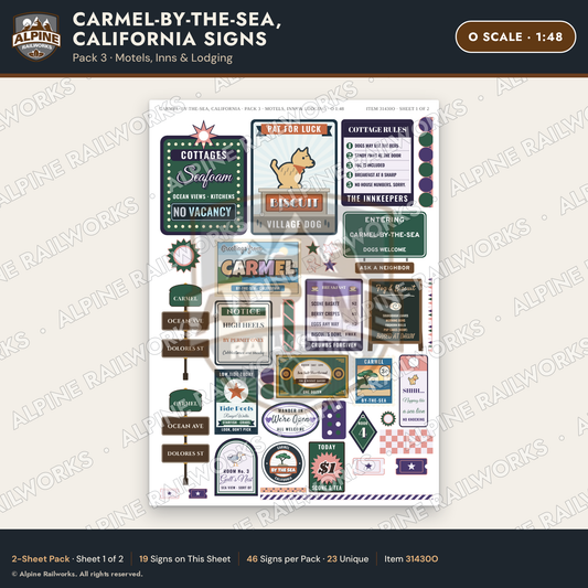 Alpine Railworks 31430O O Scale Carmel CA Signs - Motels & Inns