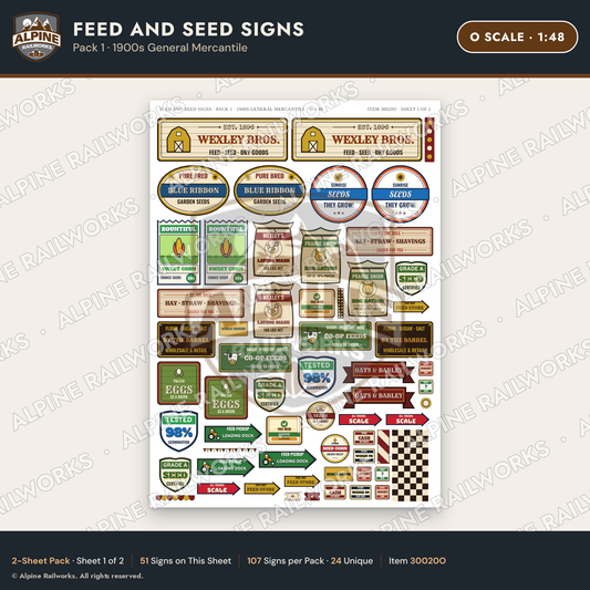 Alpine Railworks 30020O O Scale Feed and Seed Signs