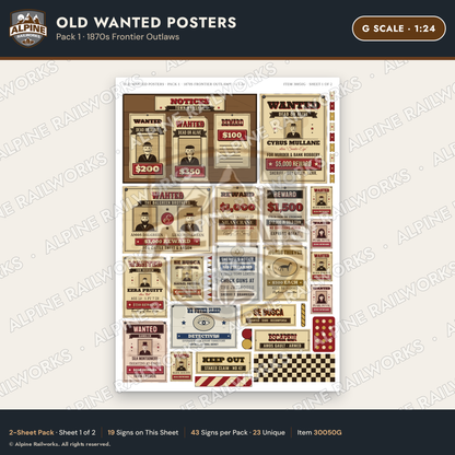 Alpine Railworks 30050G G Scale Old Wanted Posters - Frontier Outlaws