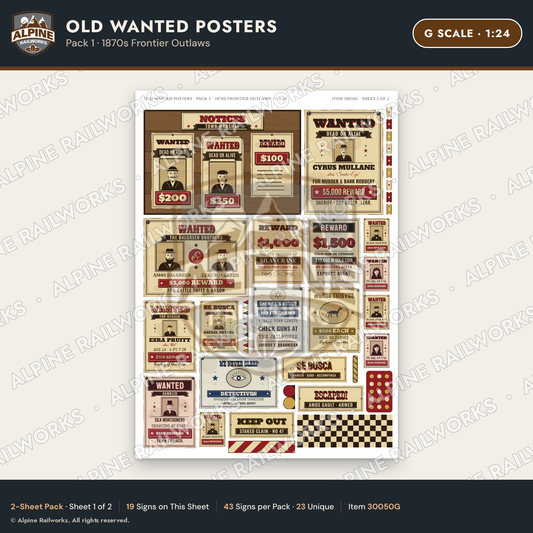 Alpine Railworks 30050G G Scale Old Wanted Posters - Frontier Outlaws