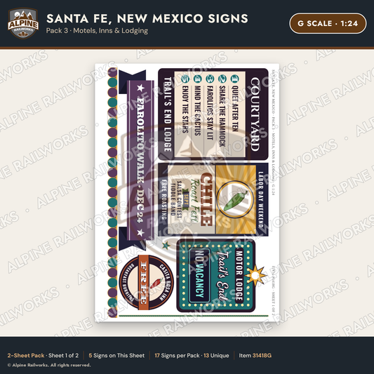 Alpine Railworks 31418G G Scale Santa Fe NM Signs - Motels & Inns