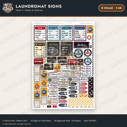 Alpine Railworks 30306O O Scale Laundromat Signs - Rules & Notices