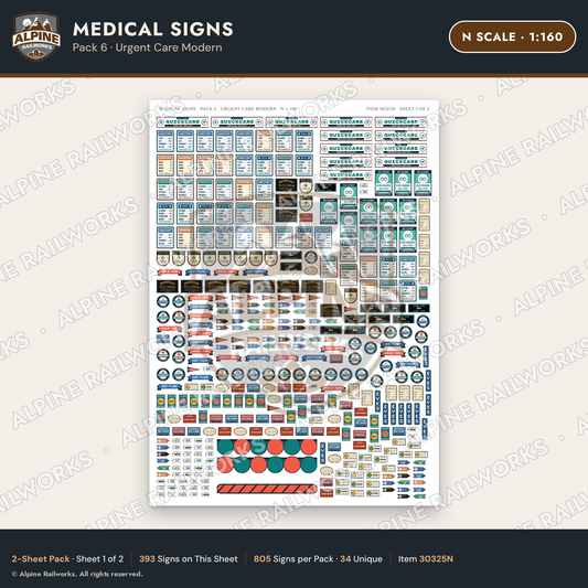 Alpine Railworks 30325N N Scale Medical Signs - Urgent Care Modern