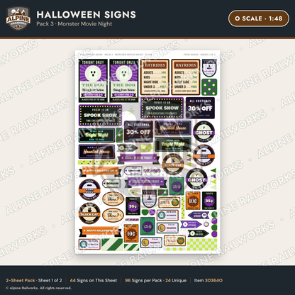 Alpine Railworks 30364O O Scale Halloween Signs - Monster Movie Night